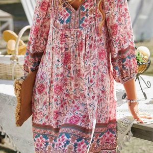 Loose V Neck Boho Long sleeve Woven Dress, Short, color:Pink|size:XS, catalog Noracora shop