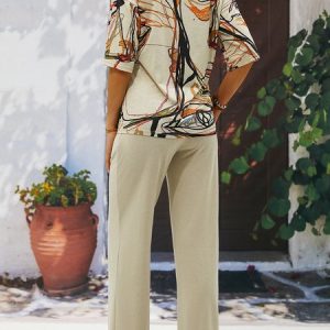 Casual Crew Neck Abstract Loose Two-Piece Set, Suit Set, color:Khaki|size:XXL, JustFashionNow