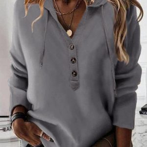 Casual Hoodie Plain Sweatshirt Buttoned, Hoodies & Sweatshirts, color:Gray|size:XXL, Noracora