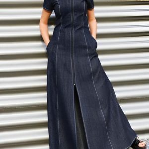 Plus Size Plain Urban Regular Fit Crew Neck Maxi Dress, Plus Dresses, color:Deep Blue|size:4X, Stylewe
