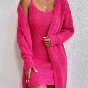 Daily Long sleeve V Neck Simple Two-Piece Set, KNITWEAR, color:Rose Red|size:XXL, Stylewe