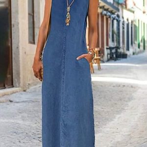 Denim Plain Casual Washing Process Dress, Maxi, color:Blue|size:XXL, catalog Noracora shop