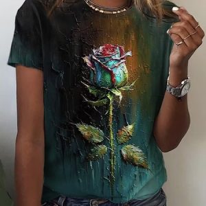 Casual Crew Neck Floral Loose T-Shirt, T-Shirts, color:Deep Green|size:XXL, JustFashionNow