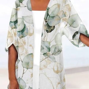 Leaf Loose V Neck Casual Kimono, Cardigans, color:Green|size:XXL, JustFashionNow
