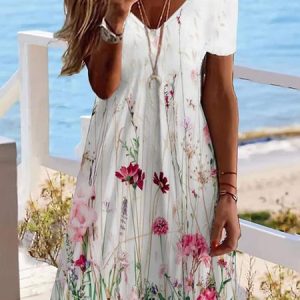 V Neck Floral Fit Casual Dress, Dresses, color:White|size:XXL, JustFashionNow
