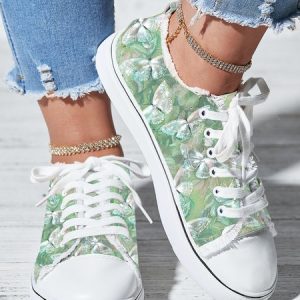 Green Butterfly Plants Print Raw Hem Lace-Up Canvas Shoes, Sneakers, color:Green|size:43, JustFashionNow