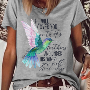 Women's Psalm 91:4 Hummingbird Cotton-Blend Casual Text Letters T-Shirt, color:Gray|size:3XL, Lilicloth.com