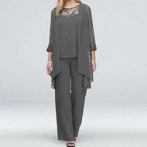 Women Plain Crew Neck Three Quarter Sleeve Comfy Casual Lace Matching Outfit, SET, color:Gray|size:5XL, Noracora