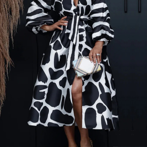 Regular Fit Crew Neck Three Quarter Geometric Elegant Maxi Dress With Belt, Maxi Dresses, color:Black|size:XXL, Stylewe