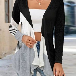 Wrap Long Sleeve Striped Regular Micro-Elasticity Loose Kimono For Women, Kimono, color:Black-white|size:XXL, Noracora