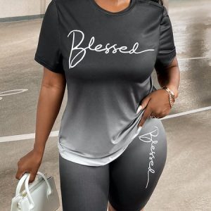 Women Text Letters Crew Neck Short Sleeve Comfy Casual Top With Pants Two-Piece Set, Sets, color:Black|size:3XL, Noracora