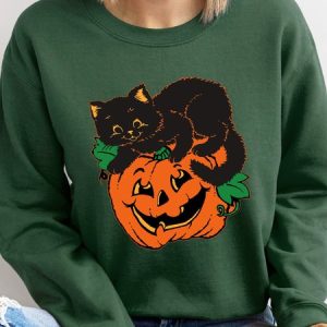 Women Casual Pumpkin Cat Print Crewneck Sweatshirt Party Halloween Costumes, Sweatshirts & Hoodies, color:Green|size:XXL, JustFashionNow