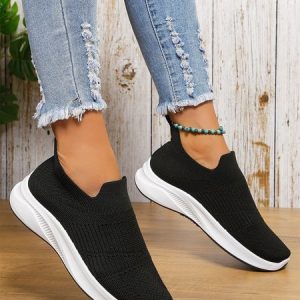 Solid Color Cushioning Breathable High Elastic Fly Woven Sneakers, Sneakers, color:Black|size:42, JustFashionNow