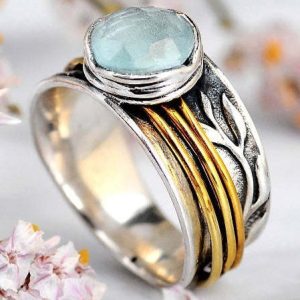 Vintage Two Tone Metal Ring with Green Crystal Boho Ethnic Jewelry, color:As Picture|size:10, Lilicloth.com