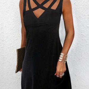 JFN V Neck Sleeveless Solid Casual Midi Prom Dress, Formal Dresses, color:Black|size:XXL, JustFashionNow