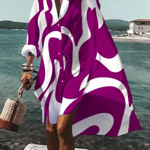 Long sleeve Shirt Collar Regular Fit Urban Chevron Dress, Mini Dresses, color:Deep Pink|size:XS, Stylewe