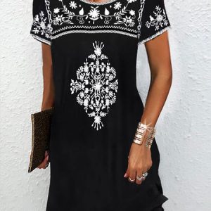 Vintage Mexican Flower Design Crew Neck Prom Dress, Formal Dresses, color:Black|size:XXL, JustFashionNow