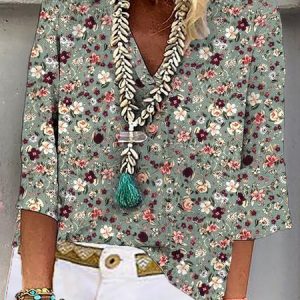 Plus Size Floral Casual V Neck Loose Shirt, TOPS, color:Green|size:4X, catalog Noracora shop