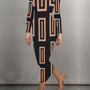High Elasticity Geometric Elegant Stand Collar Long Sleeve Tight Maxi Dress, Maxi Dresses, color:Black|size:XXL, Stylewe