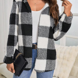 Casual Loose Fluff/Granular Fleece Fabric Plaid Pattern Hooded Teddy Coat, Coats, color:Black|size:XXL, JustFashionNow