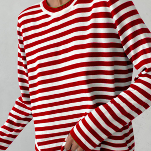 Women Yarn/Wool Yarn Striped Long Sleeve Comfy Casual Sweater, Sweaters, color:Red|size:One-size, Noracora