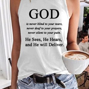 Women‘s Jesus Faith God Religious God is never blind to your tears Letter Print Casual Tank Top, Tank Tops, Lilicloth.com