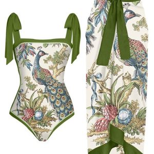 Vacation Animal Printing Strapless  One Piece With Cover Up, Swimsuit with Coverups, color:Green|size:XXL, Stylewe