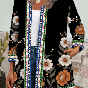Long Sleeve Floral Casual Knit Jacket Collarless Boho Floral Outerwear, Cardigans, color:Black|size:3XL, JustFashionNow