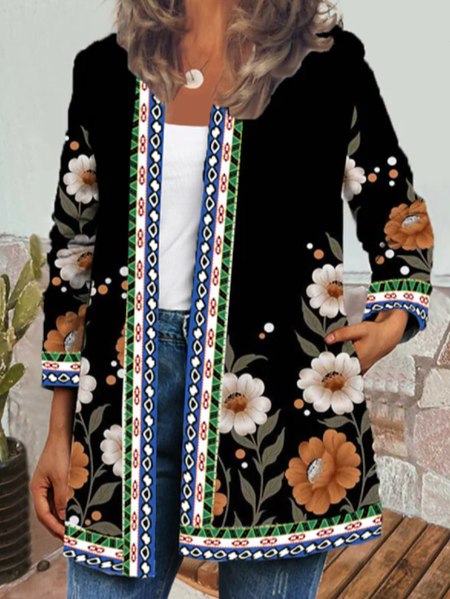 Long Sleeve Floral Casual Knit Jacket Collarless Boho Floral Outerwear, Cardigans, color:Black|size:3XL, JustFashionNow