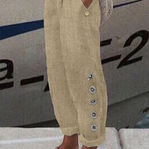 Cotton Loose Casual Buckle Pants, Pants, color:Khaki|size:XXL, JustFashionNow