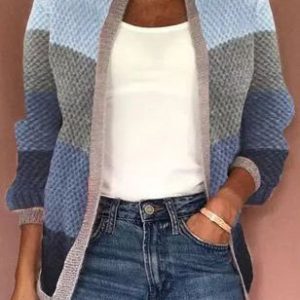 Women Yarn/Wool Yarn Striped Long Sleeve Comfy Casual Cardigan, Cardigans, color:Blue|size:XXL, Noracora