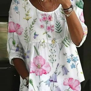 Loose Crew Neck Linen Floral Shirt, Shirts & Blouses, color:White|size:XXL, JustFashionNow