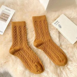 1pair Women High-Elastic Twist Mid-calf Socks, Socks, color:Mustard|size:One-size, Stylewe