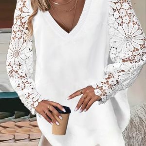 Casual V Neck Plain Sweatshirt Grommets, Hoodies & Sweatshirts, color:White|size:XXL, Noracora