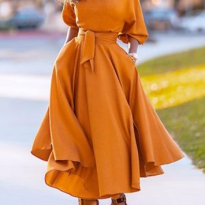Elegant Asymmetrical Plain Regular Fit Dress, Maxi Dresses, color:Yellow Brown|size:XXL, Stylewe