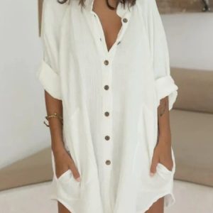 Vintage Half Sleeve Linen Plain Dress, Basic Dresses, color:White|size:XXL, JustFashionNow