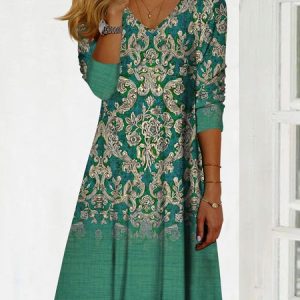 JFN V Neck Casual Ombre Tribal Autumn Natural Loose Dress, Dresses, color:Green|size:XXL, JustFashionNow