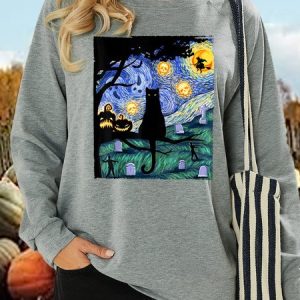 Women's Scary Night Cat Van Gogh Halloween Print Casual Letters Crew Neck Sweatshirt, color:Light Gray|size:3XL, Lilicloth.com