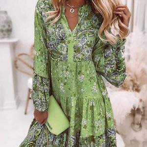 V Neck Loosen Casual Long sleeve Woven Dress, Dresses, color:Green|size:XXL, JustFashionNow