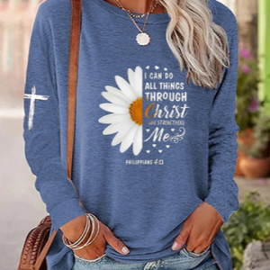 Cotton-Blend Floral Casual T-Shirt, T-Shirts, color:Blue|size:XXL, JustFashionNow