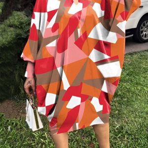Stand Collar Geometric  Print Long Sleeve Urban Dress, Midi Dresses, color:Orange|size:XXL, Stylewe