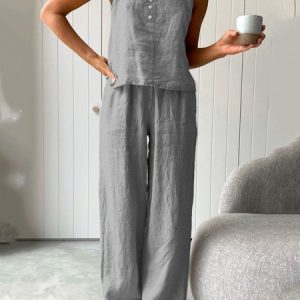 Summer Outfits Casual Plain Linen Suits Sleeveless Tank Top and Comfy Pants Two-Piece Sets, Suits, Roselinlin - Online Catalog