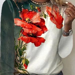 Plus Size Floral Casual Crew Neck Loose T-Shirt, TOPS, color:Red|size:4X, Noracora