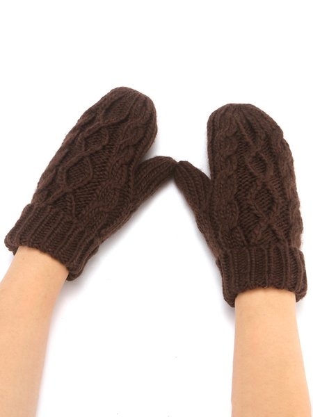 Solid Color Casual Knit Fleece Warm Mittens, Women Gloves, color:Coffee|size:One-size, JustFashionNow
