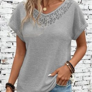 Country Casual Lace Stitching Knitted Short-Sleeved Top, Shirts & Blouses, color:Gray|size:XXL, JustFashionNow