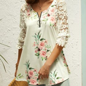Floral Lace Casual Regular Fit Top, Shirts & Blouses, color:White|size:XXL, JustFashionNow