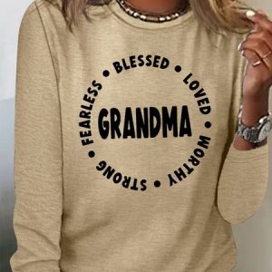 Women's Blessed Grandma Casual Crew Neck Shirt, color:Khaki|size:3XL, Lilicloth.com