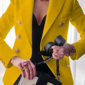 Ladies Fashion Button Design Blazer, Blazers, color:Yellow|size:3XL, JustFashionNow