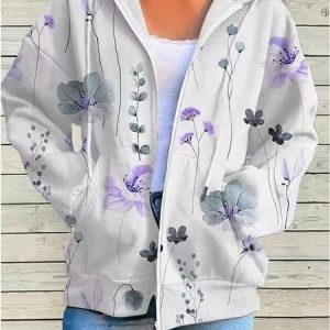 Hoodie Long Sleeve Floral Heavyweight Micro-Elasticity Loose Jacket For Women, Jackets, color:Deep Blue|size:4XL, Noracora