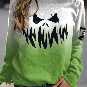 Casual Crew Neck Halloween Sweatshirt, Hoodies & Sweatshirts, color:White-green|size:3XL, Noracora
